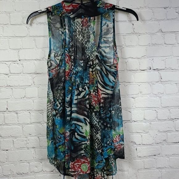 American Rag Mixed Animal Print Sheer Chiffon Pleated Top XS Sleeveless Blouse - Picture 5 of 12